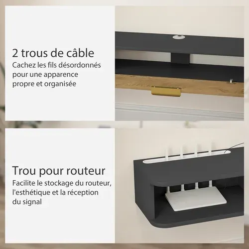 Meuble TV Design Suspendu - 2 Niches, Porte Abbatante - Gris Charbon Effet Bois