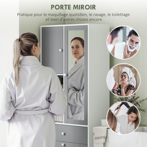Meuble Haut De Salle De Bain Avec Miroir Nombreux Rangements Blanc Gris