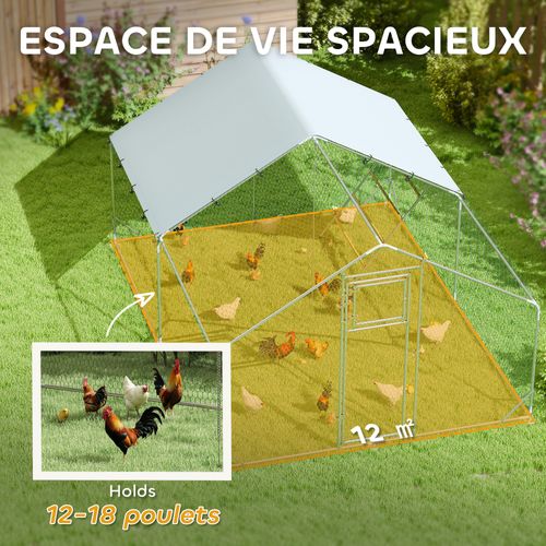 Enclos Poulailler 12 M² Espace Couvert - Portes, Accessoires - 4 X 3 X 1,95 M - Acier Gris