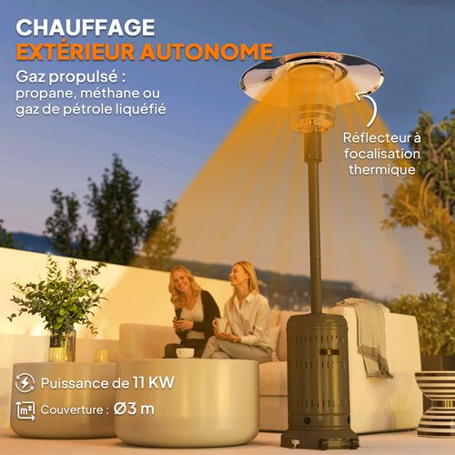 Parasol Chauffant Gaz Mobile 11 Kw Allumage Piézo H.223cm Métal Noir Alu.