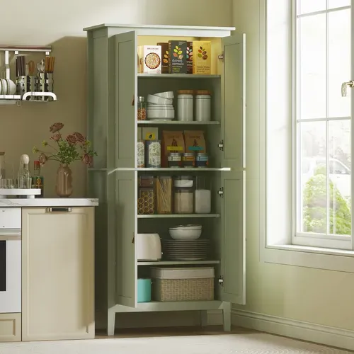 Armoire De Cuisine LED Sur Pied Style Classique Chic 4 Portes 6 Niveaux