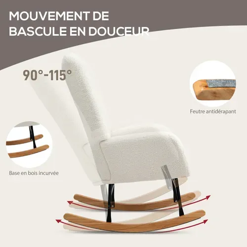 Fauteuil à Bascule Style Nordique Bois Hévéa Effet Laine Bouclée
