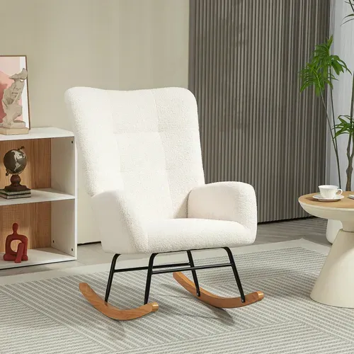 Fauteuil à Bascule Style Nordique Bois Hévéa Effet Laine Bouclée