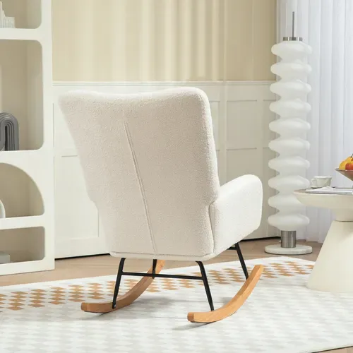 Fauteuil à Bascule Style Nordique Bois Hévéa Effet Laine Bouclée