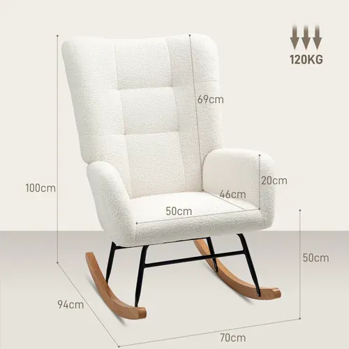 Fauteuil à Bascule Style Nordique Bois Hévéa Effet Laine Bouclée