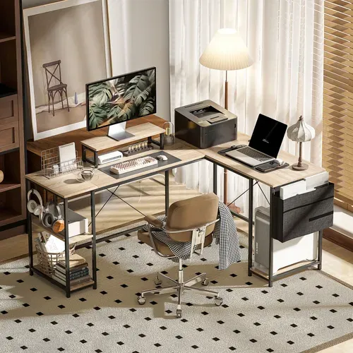 Bureau D'angle Modulable Style Industriel Acier Noir Effet Bois