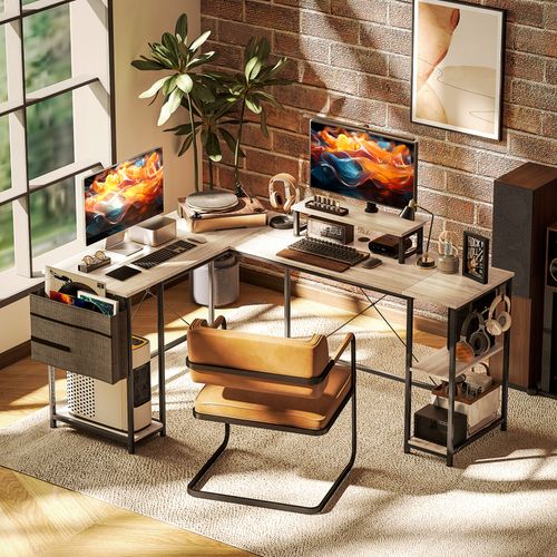 Bureau D'angle Modulable Style Industriel Acier Noir Effet Bois