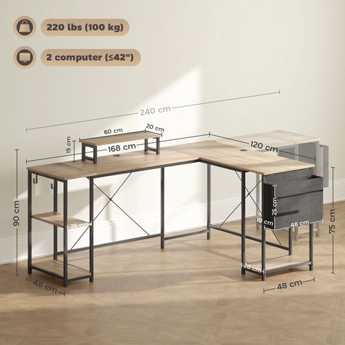 Bureau D'angle Modulable Style Industriel Acier Noir Effet Bois