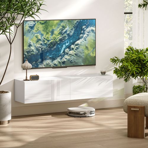 Meuble TV Suspendu Flottant Design Façade Blanc Laqué 2 Portes
