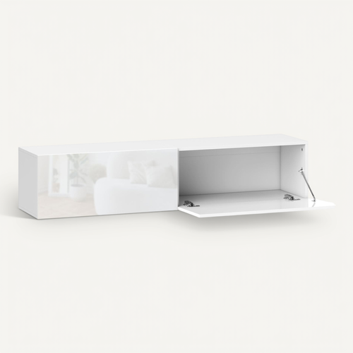Meuble TV Suspendu Flottant Design Façade Blanc Laqué 2 Portes