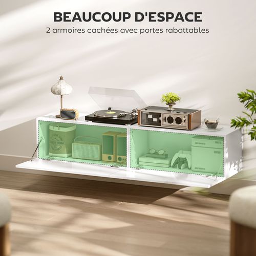 Meuble TV Suspendu Flottant Design Façade Blanc Laqué 2 Portes