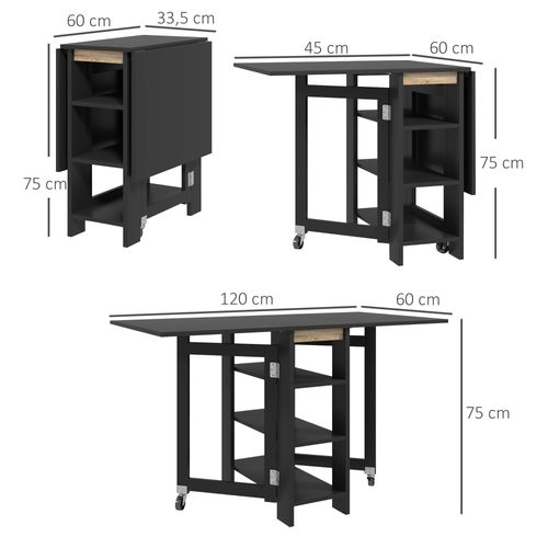 Table à Manger Pliable Extensible - Roulettes, 3 étagères