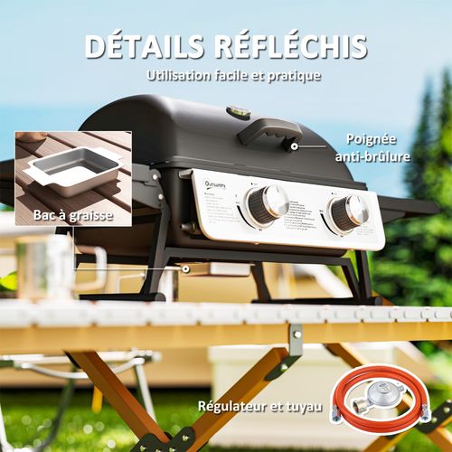 Barbecue Gaz De Table Compact Portable Avec Couvercle 2 Brûleurs 5,6kw