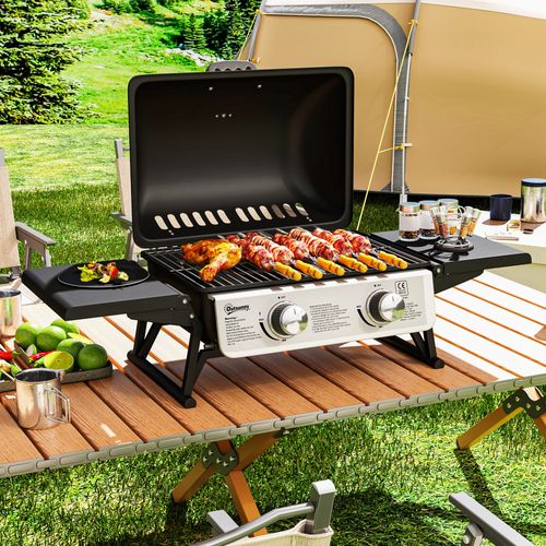 Barbecue Gaz De Table Compact Portable Avec Couvercle 2 Brûleurs 5,6kw
