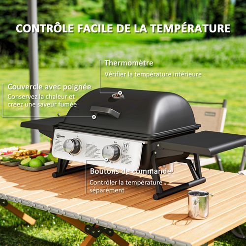 Barbecue Gaz De Table Compact Portable Avec Couvercle 2 Brûleurs 5,6kw