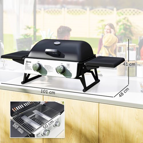 Barbecue Gaz De Table Compact Portable Avec Couvercle 2 Brûleurs 5,6kw