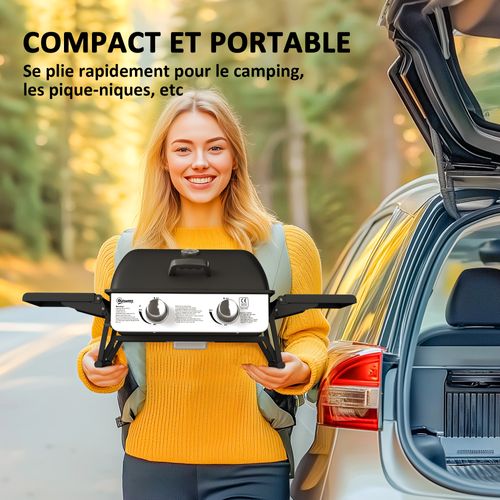 Barbecue Gaz De Table Compact Portable Avec Couvercle 2 Brûleurs 5,6kw