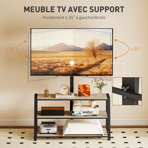 Meuble TV Avec Support Orientable 35° - 3 étagères - Acier Noir Effet Bois