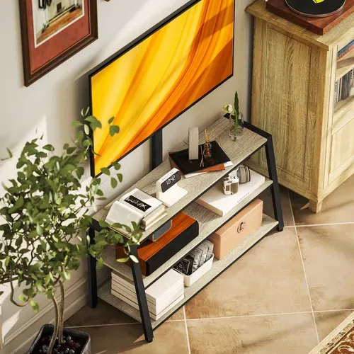 Meuble TV Avec Support Orientable 35° - 3 étagères - Acier Noir Effet Bois