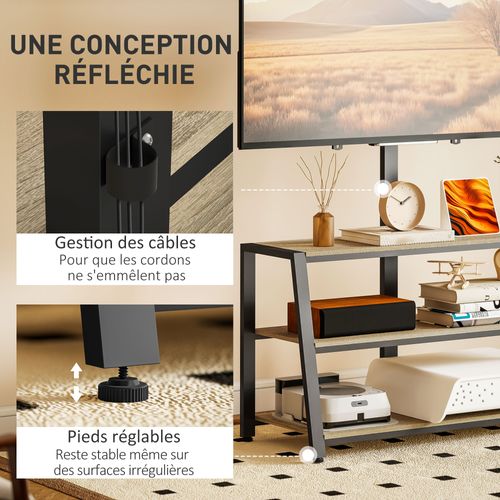 Meuble TV Avec Support Orientable 35° - 3 étagères - Acier Noir Effet Bois