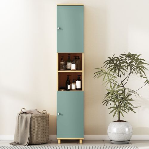 Colonne Salle De Bain 2 Portes 2 étagères 2 Niches Effet Bois Vert D'eau