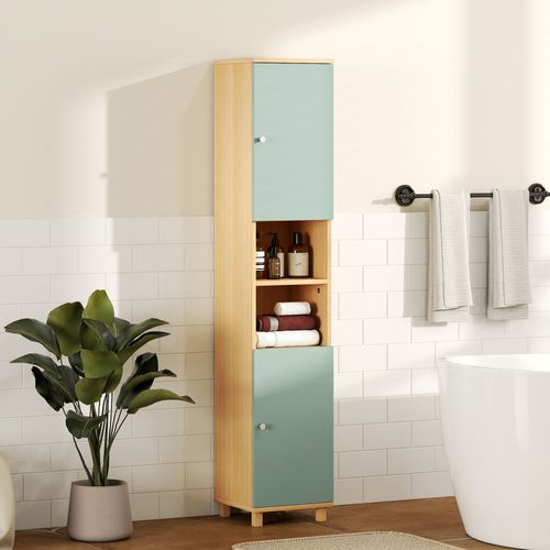 Colonne Salle De Bain 2 Portes 2 étagères 2 Niches Effet Bois Vert D'eau