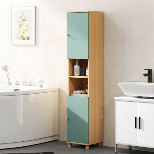 Colonne Salle De Bain 2 Portes 2 étagères 2 Niches Effet Bois Vert D'eau