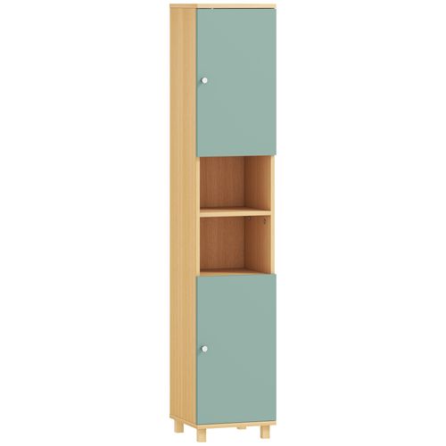 Colonne Salle De Bain 2 Portes 2 étagères 2 Niches Effet Bois Vert D'eau