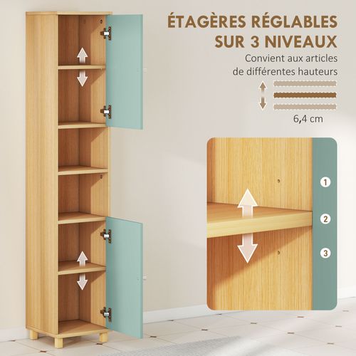 Colonne Salle De Bain 2 Portes 2 étagères 2 Niches Effet Bois Vert D'eau