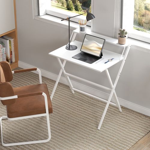 Bureau Informatique Design Pliable Avec Étagère Haute Blanc