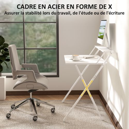 Bureau Informatique Design Pliable Avec Étagère Haute Blanc