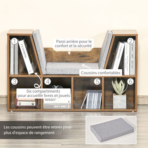 Bibliothèque Banc 2 En 1 - 6 Casiers Coussins Inclus