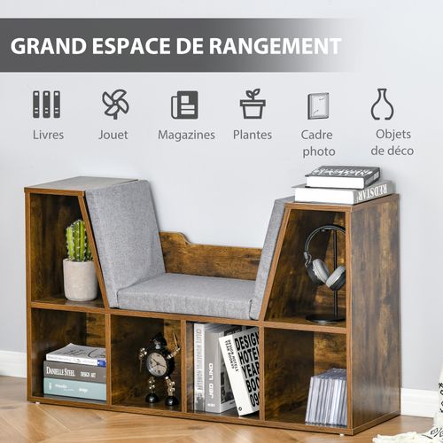 Bibliothèque Banc 2 En 1 - 6 Casiers Coussins Inclus