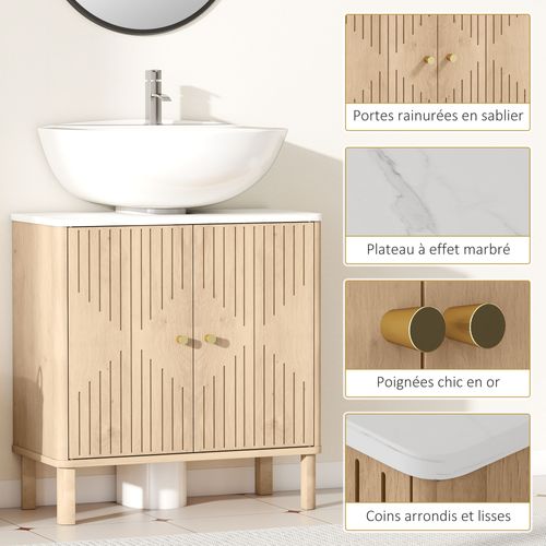 Meuble Sous Vasque 2 Portes Style Bois Naturel Plateau Effet Marbre Blanc