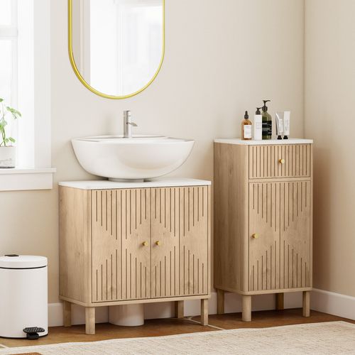 Meuble Sous Vasque 2 Portes Style Bois Naturel Plateau Effet Marbre Blanc