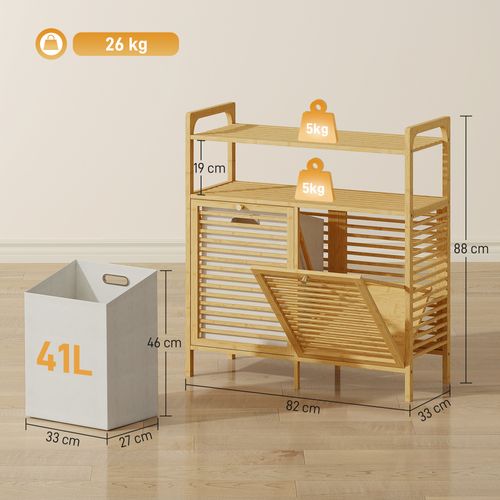 Meuble Salle De Bain En Bambou Avec 2 Paniers à Linge Et 2 étagères, 82x33x88cm, Bois Naturel