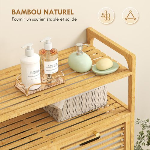 Meuble Salle De Bain En Bambou Avec 2 Paniers à Linge Et 2 étagères, 82x33x88cm, Bois Naturel