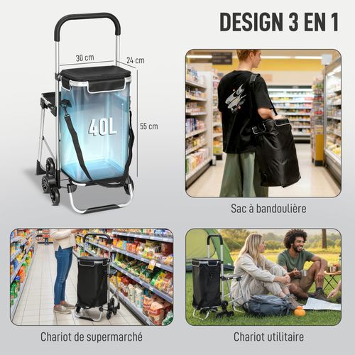 Chariot De Courses Pliable 3 En 1 Tabouret Sac à Bandoulière 40l Alu Gris Noir
