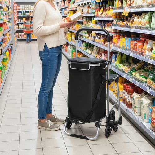 Chariot De Courses Pliable 3 En 1 Tabouret Sac à Bandoulière 40l Alu Gris Noir