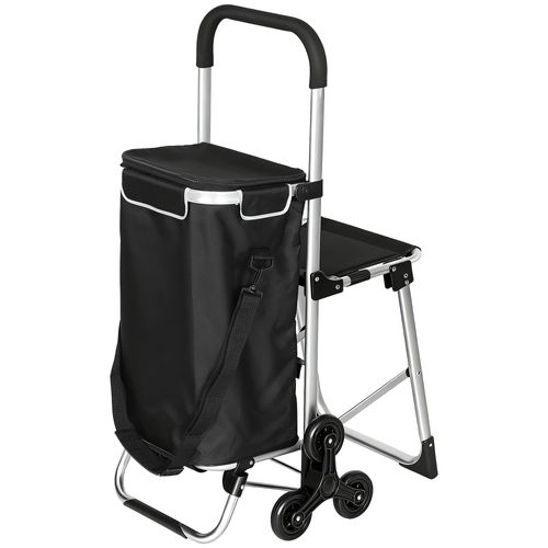 Chariot De Courses Pliable 3 En 1 Tabouret Sac à Bandoulière 40l Alu Gris Noir