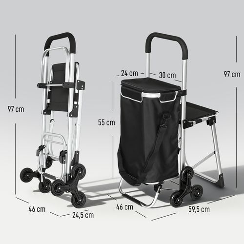 Chariot De Courses Pliable 3 En 1 Tabouret Sac à Bandoulière 40l Alu Gris Noir