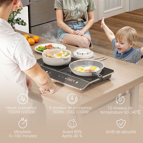 Plaque à Induction Portable 2 Feux 3500w Réglable Noir