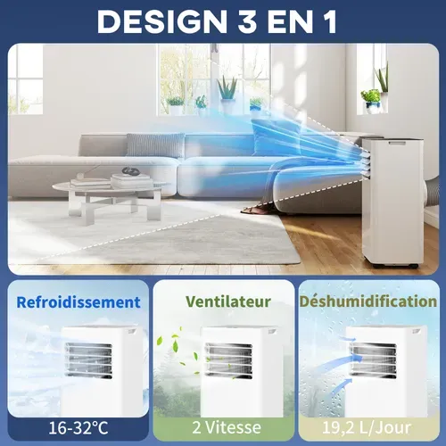 Climatiseur Mobile 7000btu 3 En 1 Télécommande Kit Évacuation Inclus Blanc