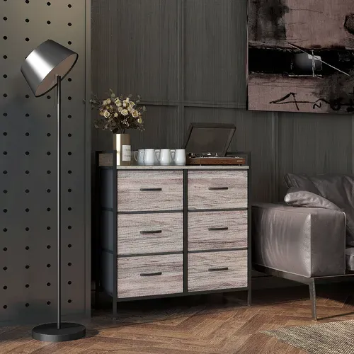 Commode Style Industriel - 6 Tiroirs, étagère - Acier Noir Effet Bois