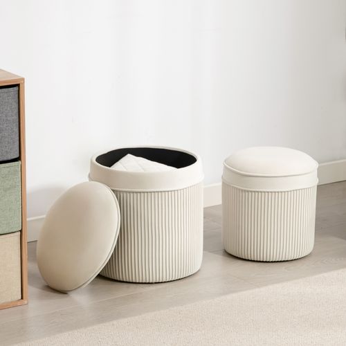 Lot De 2 Poufs Coffres 2 En 1 Velours Côtelé Crème