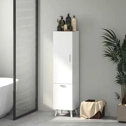 Colonne Salle De Bain H.144 Cm - Porte, 2 étagères, Panier à Linge - Blanc
