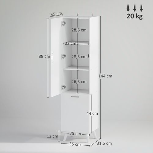 Colonne Salle De Bain H.144 Cm - Porte, 2 étagères, Panier à Linge - Blanc