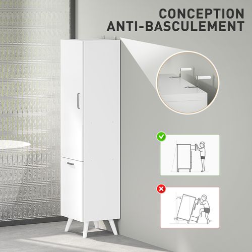 Colonne Salle De Bain H.144 Cm - Porte, 2 étagères, Panier à Linge - Blanc