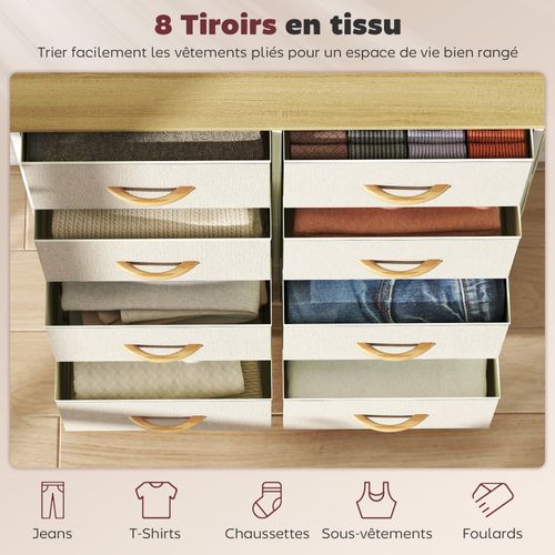 Commode 8 Tiroirs En Tissu 4 Poches 2 Crochets Acier Blanc Beige