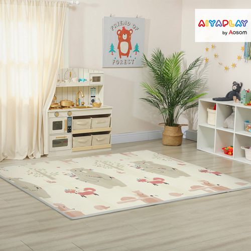 Tapis De Jeu Bébé Pliable Réversible Motif Animaux Forêt Dim. 200 X 150 X 1,5 Cm